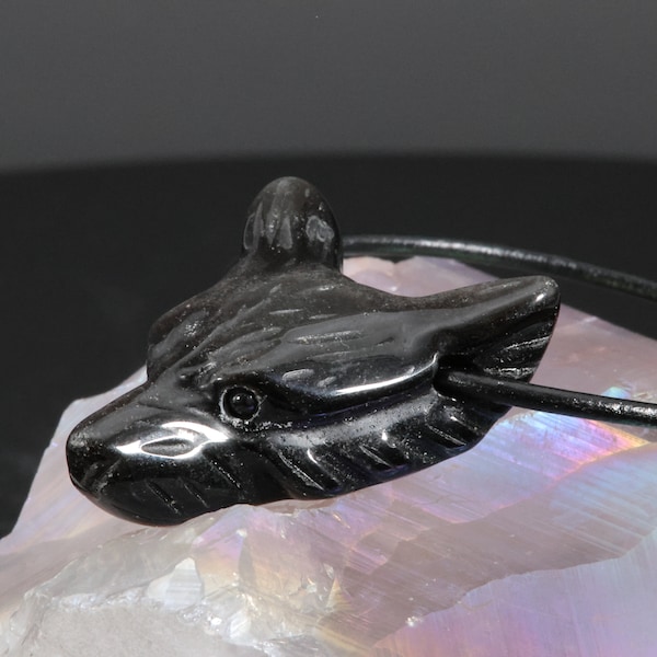 Pendentif Tête de Loup en obsidienne argentée du Mexique | Pierre 100 % naturelle d'obsidienne taillée et sculptée