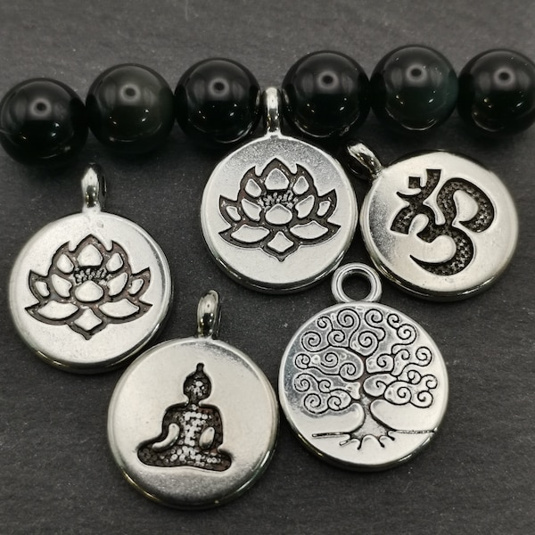 Lot de 10 médaillons arbre de vie, Om, Lotus, bouddha couleur argent, breloques pour la fabrication de bijoux