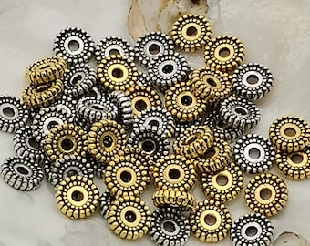 Lot de 100 Perles intercalaire roue crantée de 6 mm en métal argenté ou doré /perles d'espacement rondelle crantée tibétaine