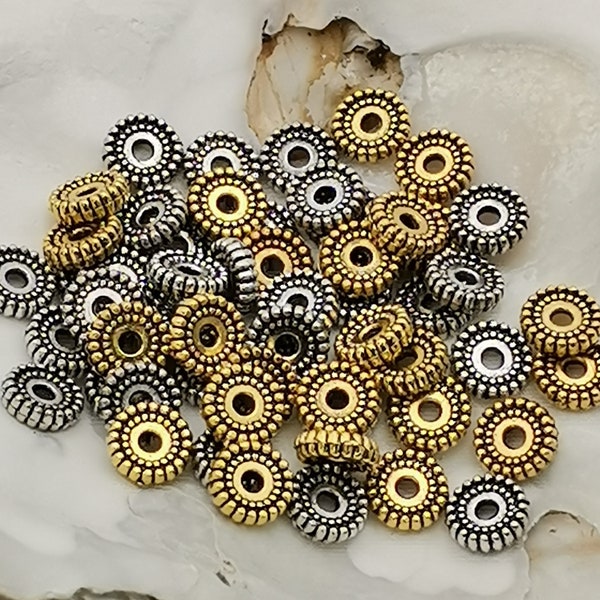 Lot de 100 Perles intercalaire roue crantée de 6 mm en métal argenté ou doré /perles d'espacement rondelle crantée tibétaine