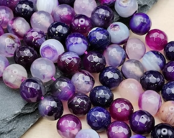 90 perles Agate violet facettes ronde naturelle de 4 mm , 60 perles 6 mm, 46 perles 8mm,36 perles 10 mm, Perle semi-précieuse ronde facette