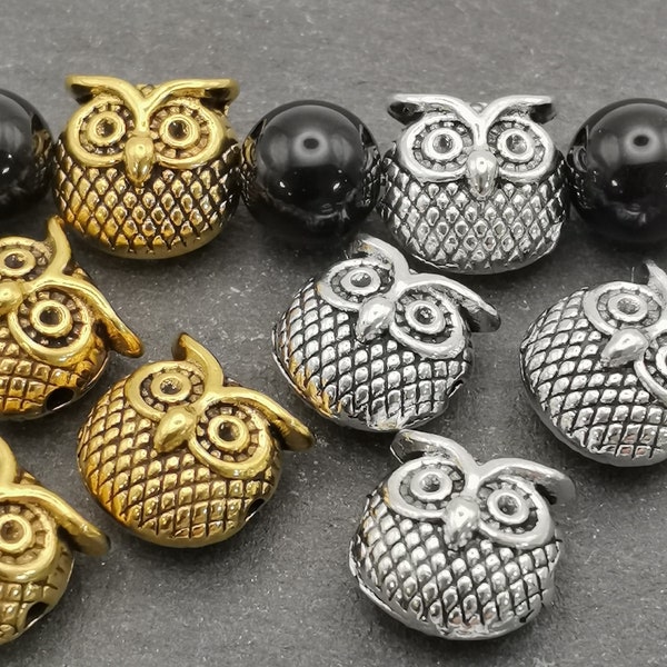 Lot de 10 Perles Chouette-Hibou couleur argent ou doré 11x12 mm | Perle intercalaire Chouette-Hibou / breloque Chouette-Hibou pour bracelet