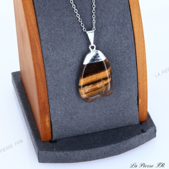 Pendentif En Œil De Tigre Pierre Naturelle - Monture Laiton - Neuf Sans Emballage