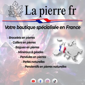 May include: A graphic with a crystal image and the text "La pierre fr" and "Votre boutique sp&eacute;cialis&eacute;e en France". The graphic lists various jewelry and mineral items for sale, including bracelets, necklaces, rings, minerals, pendulums, pearls, and pendants. A map of Europe with France highlighted is in the background.