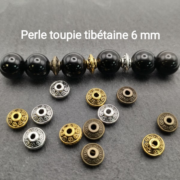 Lot de 45 perles rondelle intercalaire en métal de 6 mm, couleur: argent, or antique ou bronze /perle séparateur toupie tibétain de 6 mm