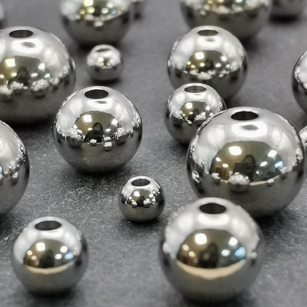 Lot de 100 perles ronde en acier inoxydable diamètre 4 mm, 50 perles de 6mm, 30 x 8 mm, 10 x 10 mm/perle intercalaire acier inoxydable