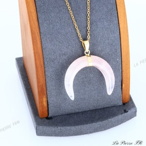 Pendentif quartz rose croissant de lune | Pendentif pierre naturelle | Bijou en quartz rose