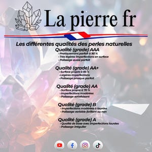 May include: A chart explaining the different grades of natural pearls. The grades are AAA, AA+, AA, B, and A. Each grade is described with a bullet point list of characteristics. The chart is on a background of a crystal-like pattern.