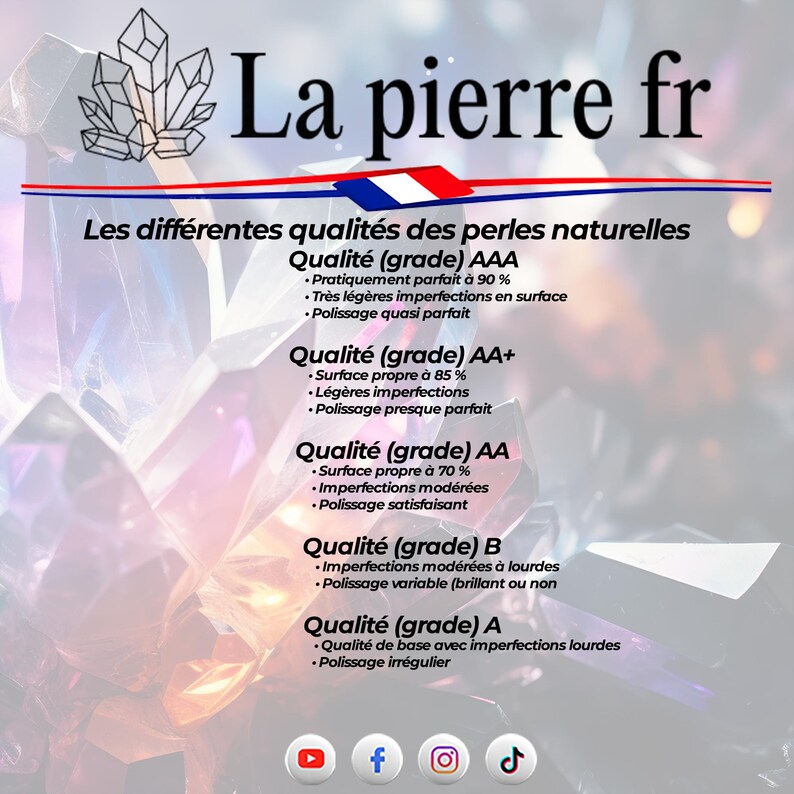 May include: A chart explaining the different grades of natural pearls. The grades are AAA, AA+, AA, B, and A. Each grade is described with a bullet point list of characteristics. The chart is on a background of a crystal-like pattern.
