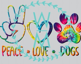 Tie-dye Peace Love Dogs transparent background png- great for sublimation water slides digital background and more tie die