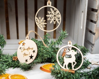 Set of 3 wooden Christmas decorations | Snowflake reindeer Christmas tree | Sustainable Christmas tree ornaments | Winter wooden decorations | Christmas gift idea