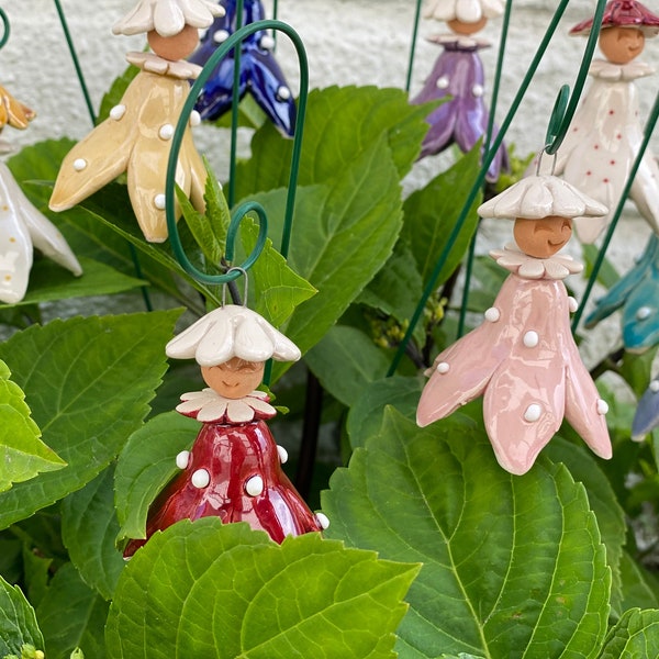 Figurines en céramique de fée fleur colorée joyeuse, figurine d'elfe de la forêt en céramique pour plante florale, maison, jardin, piquet de plante, accessoires de jardin féeriques