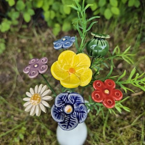 7 ceramic Flowers Bouquet, White, purple bouquet - ,Floral centerpiece of handmade ceramic flowers, gifts and real touch bouquets