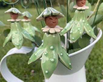 Happy Colorful Green Flower Fairy Ceramic Figures,Forest Elf figure for flower plant, home, garden,Plant stake, fairy garden accessories