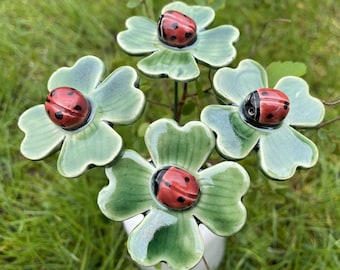 Ceramic Ladybird on Four-leaf clover,Plant stake, fairy garden accessories, garden decor, plant accessories,unique gift
