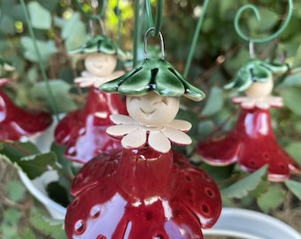 Hanging Ceramic Burgundy Miss Strawberry, Plant stake, ceramic figure for flower plant, home, fairy garden accessories