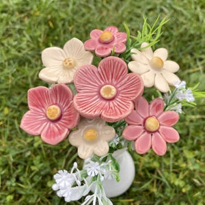 7 ceramic Flowers Bouquet, White, pink bouquet - ,Floral centerpiece of handmade ceramic flowers, gifts and real touch bouquets