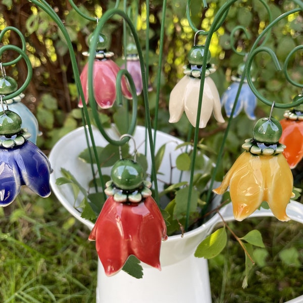 Ceramic Flower Harebell/Bellflower, flower on stem,Plant stake, fairy garden accessories, garden decor, plant accessories