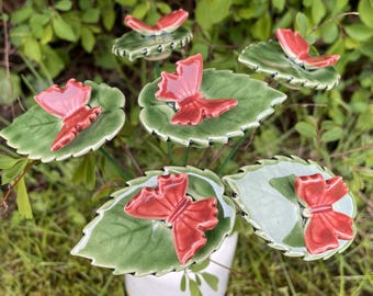 Ceramic Red Butterfly on leaf,Plant stake, fairy garden accessories, garden decor, plant accessories