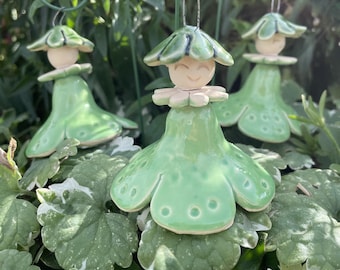Hanging Ceramic Green Miss Strawberry, Plant stake, ceramic figure for flower plant, home, fairy garden accessories