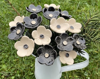Ceramic Flower Black and White Plum blossoms,Plant stake, fairy garden accessories, garden decor, plant accessories