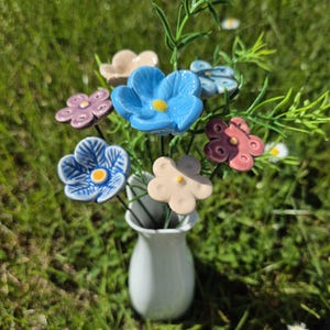 7 ceramic Flowers Bouquet, White, purple bouquet - ,Floral centerpiece of handmade ceramic flowers, gifts and real touch bouquets