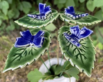 Ceramic Dark Blue Butterfly on leaf,Plant stake, fairy garden accessories, garden decor, plant accessories