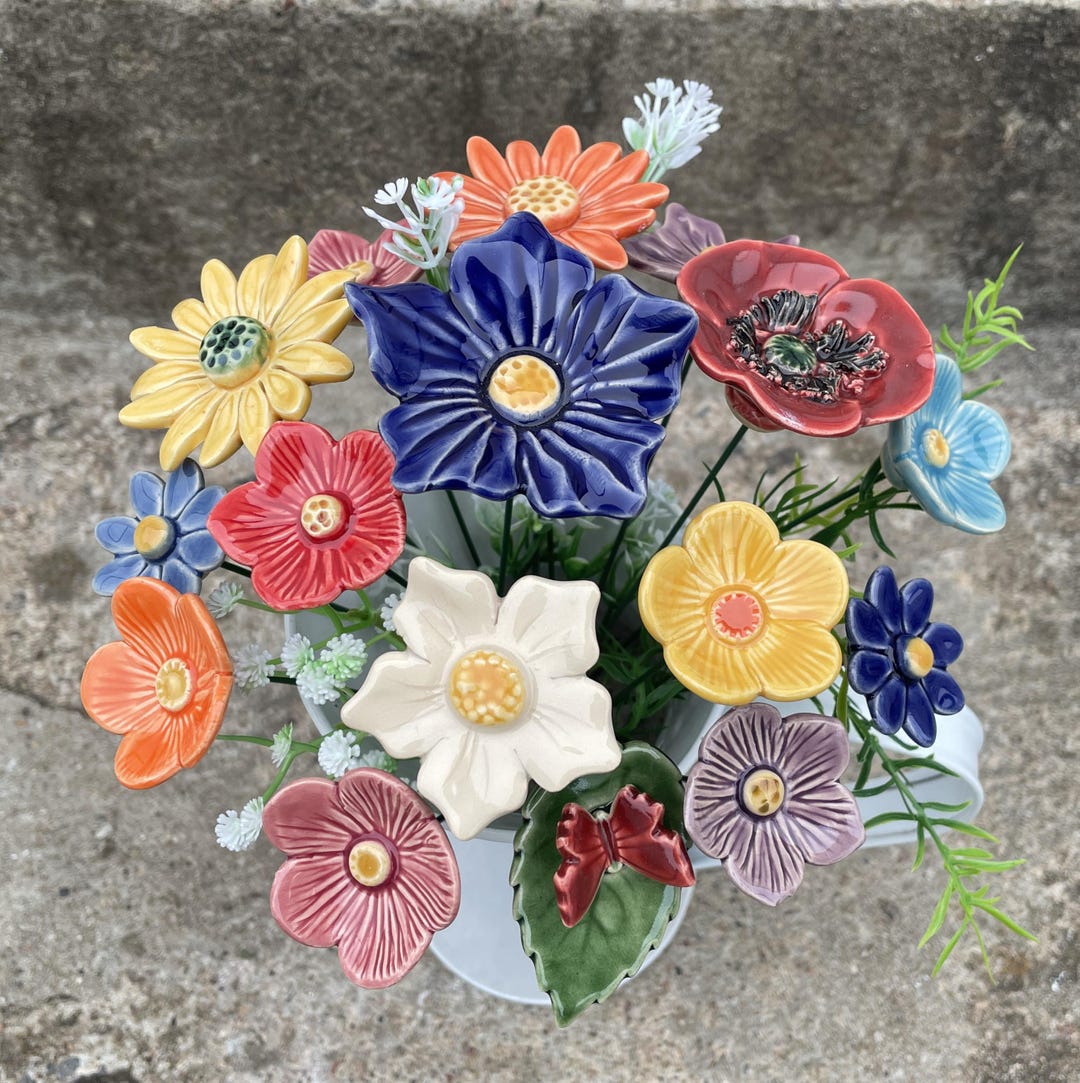 Ceramic Flowers Bouquet, 16 Flowers, Floral Centerpiece of Handmade ...