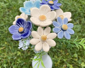 8 ceramic Flowers Bouquet, White, blue bouquet - ,Floral centerpiece of handmade ceramic flowers, gifts and real touch bouquets