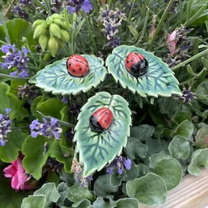 Ceramic ladybird on leaf,Plant stake, fairy garden accessories, garden decor, plant accessories