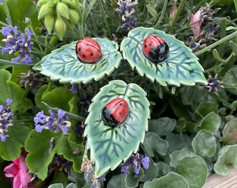 Ceramic ladybird on leaf,Plant stake, fairy garden accessories, garden decor, plant accessories