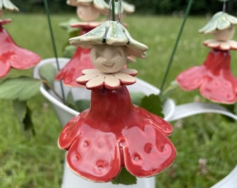 Hanging Ceramic Miss Strawberry, Plant stake, ceramic figure for flower plant, home, fairy garden accessories