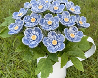 Ceramic Light Blue Bouquet of 15 of flowers,Floral centerpiece of handmade ceramic flowers, real touch bouquets