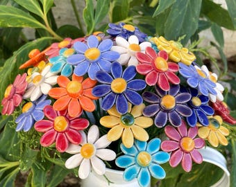 Ceramic Bouquet of 30 of flowers,Plant stake, fairy garden accessories, garden decor, plant
