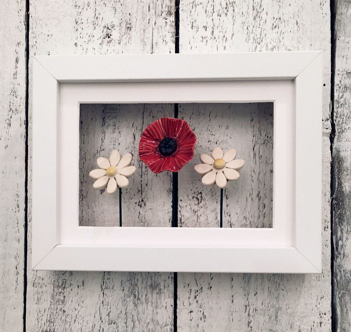 Framed ceramic Daisies with Poppy Shadow box flowersFramed Etsy
