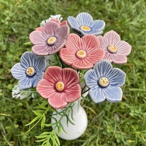 8 ceramic Flowers Bouquet, White, purple, pink bouquet - ,Floral centerpiece of handmade ceramic flowers, gifts and real touch bouquets