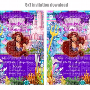 Braune Ariel 15x7 Einladung | braune Ariel Gastgeschenke | kleine Meerjungfrau Einladung