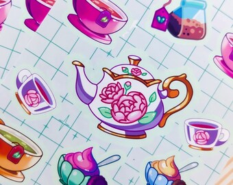 Tea Time Sticker Sheet | Sticker Set | Cute Planner Sticker | Bujo| Handmade | Waterproof