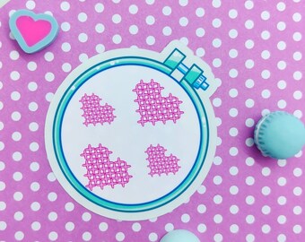 Cross Stitch Hearts Sticker | Cute Sticker | Waterproof