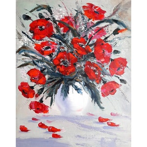 Poppies Painting Original Art Red Flowers Small Painting Impasto 10 by 8 by Smirnova Marina