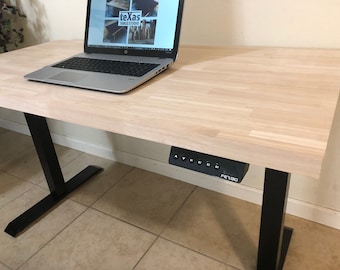 Adjustable Butcher Block Sit Stand Desk: Solid Wood Electric Desk