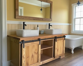 60" Solid Wood Farmhouse Double Sink Vanity with Barn Doors