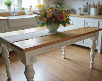 Handmade Farmhouse Dining Table: Natural Wood, White Legs