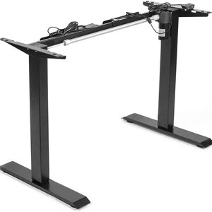 May include: Black electric standing desk frame with a silver adjustable height mechanism. The frame has two legs with a rectangular base.