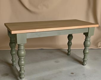 Handmade Oak Farmhouse Dining Table: Olive Green Legs, Solid Wood