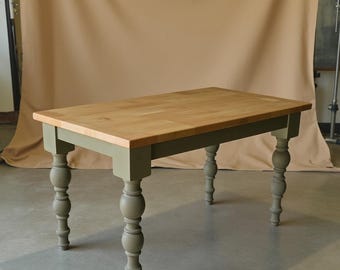 Handmade Oak Farmhouse Dining Table: Olive Green Legs, Solid Wood