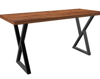 May include: A rectangular wooden table with a dark brown finish and black metal legs. The legs are in an X shape and are attached to the underside of the table top.
