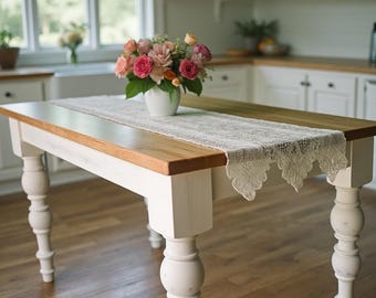 Handmade Farmhouse Dining Table: Natural Wood, White Legs
