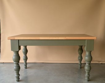 Handmade Oak Farmhouse Dining Table: Olive Green Legs, Modern Rustic