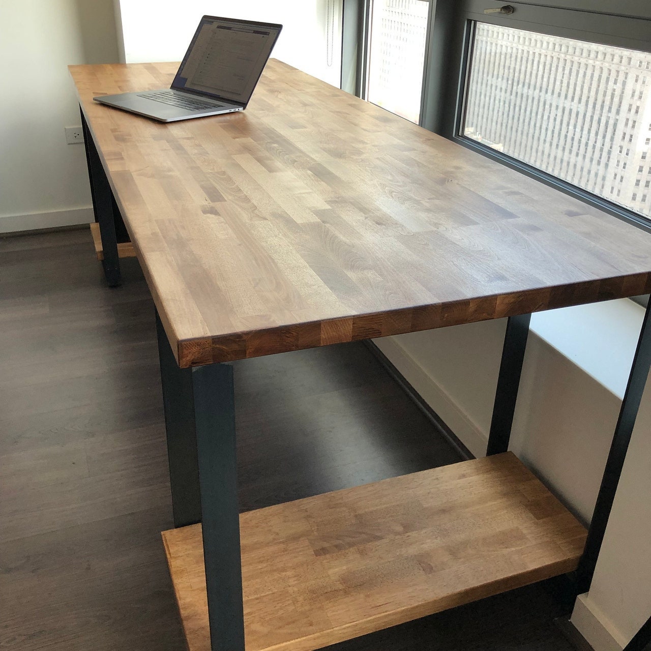 Let's go! Custom L desk made from butcher block. 5'2” x 8', and 25